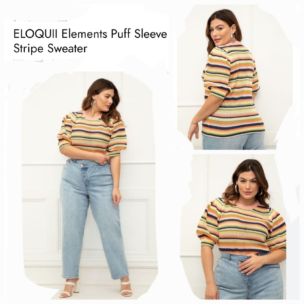 Eloquii Striped Sweater Crew Neck 3/4 Puff Sleeve Colorful Size 2…